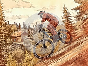 Man is riding mountain bike down side of hill, with trees and cabin in background. The scene has been artistically