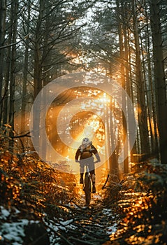 Man riding mountain bike in the forest on sunny day