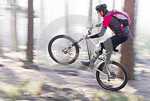 Man riding a mountain bike in a forest on a sunny day with fog