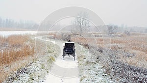 Man riding one horse carriage on winter road