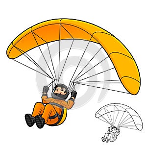 Man Riding Parachute with Black and White Line Art Drawing