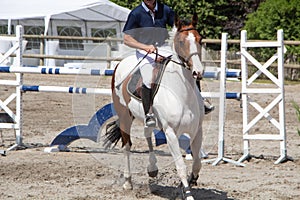 Man riding a pinto horse