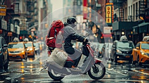 Man Riding Scooter Down Rain-Soaked Street