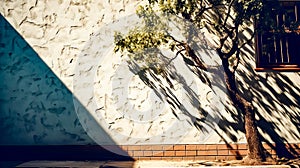 Man riding skateboard down sidewalk next to tree and wall. Generative AI