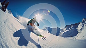 A man riding skis down the side of a snow covered slope. AI generative image