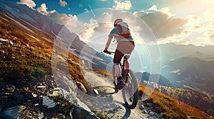 A man is riding a sportive e-bike up a steep mountainous dirt road