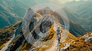 A man is riding a sportive e-bike up a steep mountainous dirt road