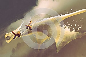 Man riding on the white flying dragon against a cloudy sky