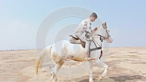 Man riding a white horse in an open field with a clear sky and desert in the background