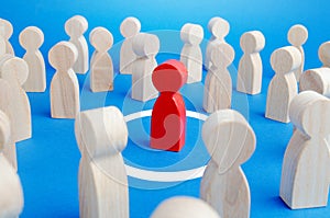 A man at a ring safe distance in a crowd of people. Personal space, comfort zone. Maintaining distance to avoid contact photo