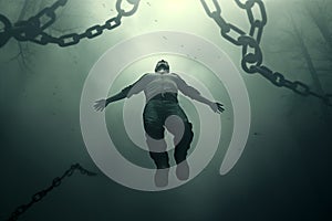 a man rises up to the sky, breaking away from chains, dark dramatic background