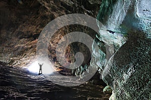 Man Rising Arms Light End Tunnel Success Silhouette