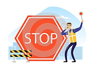 Man Road Police Officer Blowing Whistle with Stop Red Sign and Barrier Fence Vector Illustration