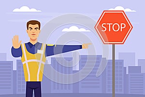 Man Road Police Officer Showing Stop Sign and Pointing Finger Vector Illustration