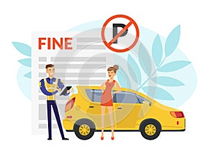 Man Road Police Officer Writing Out Fine to Woman Violating Traffic Rules Vector Illustration