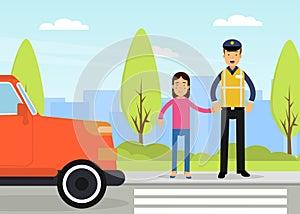 Man Road Policeman as Highway Patrol Engaged in Overseeing and Enforcing Traffic Safety on Roads Vector Illustration