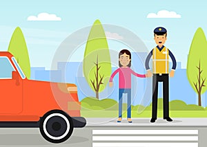 Man Road Policeman as Highway Patrol Engaged in Overseeing and Enforcing Traffic Safety on Roads Vector Illustration photo