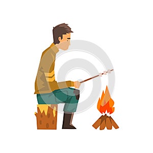 Man roasting marshmallows on campfire, hiking adventure travel, backpacking trip or expedition vector Illustration