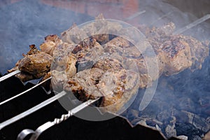 a man roasts meat on a fire. Close-up of hands and shish kebab. Cooking pork neck on the grill. Roasted carrots.