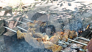 a man roasts meat on a fire. Close-up of hands and shish kebab. Cooking pork neck on the grill. Roasted carrots. Fatty food