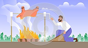 Man roasts a whole pig over a bonfire. Cartoon vector illustration