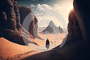 Man in robe walking in the desert