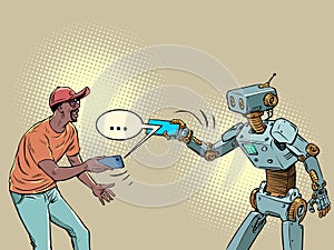 man and robot communicate in a messenger on the phone
