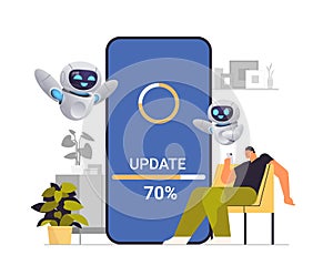 man with robots helpers updating operating system update process install new software on smartphone artificial