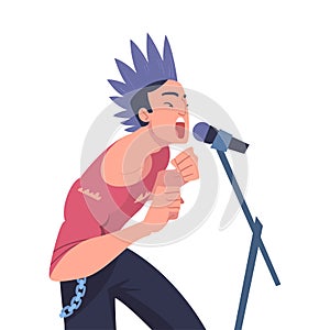 Man Rock Singer and Musician with Hawk and Microphone Performing Music on Stage Vector Illustration