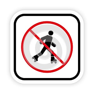 Man in Roll Red Stop Circle Symbol. Ban Entry in Roller Skate Black Silhouette Icon. No Allowed Skating Sign. Roller