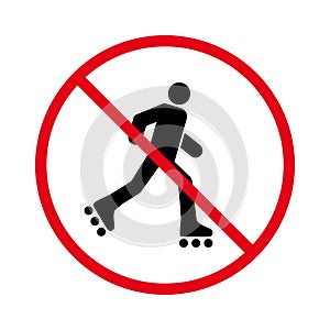 Man in Roll Red Stop Circle Symbol. No Allowed Skating Sign. Ban Entry in Roller Skate Black Silhouette Icon. Caution