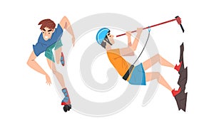 Man Roller Skating and Climbing Slope Mountain Holding Rope Engaged in Extreme Sport Activity Vector Set
