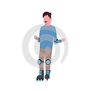 Man roller skating over white background rollerblading cartoon full length character. flat style