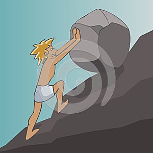 Man rolling boulder up a hill cartoon