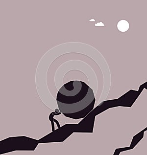 Man rolls a heavy stone up the mountainside