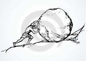 A man rolls a stone up the hill. Vector drawing photo