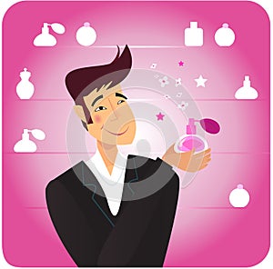 Man with romance gift - pink perfume bottle