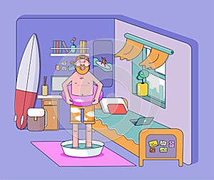 The man in the room imagines that he is resting on the sea. Color vector illustration.