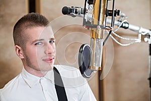 Man in room with microphone