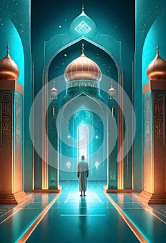 a man in a room standing in front of a mosque with a blue background