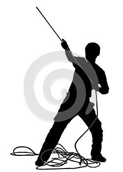 Man with rope rock climbing instructor guides to climber up on rock vector silhouette isolated on white. Extreme sports boy climbs