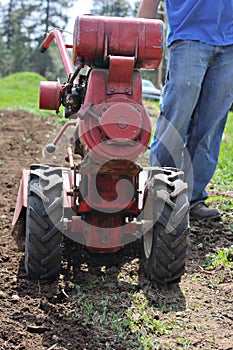 Man rototilling garden.