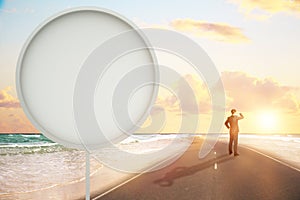 Man with round banner