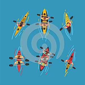 Man Rowing Boat with Paddle or Oar Drifting on Blue Surface of Water Above View Vector Set
