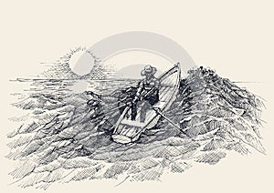 Man rowing in a boat on sea waves