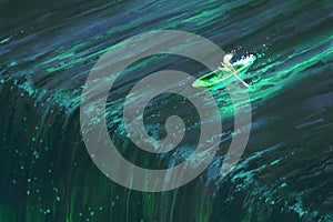 Man rowing in glowing green boat near edge of waterfall