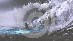 Man in a boat in stormy sea photo