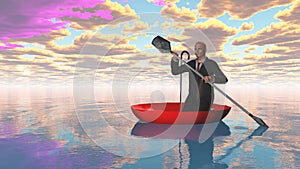 Man rowing oars in red upturned umbrella