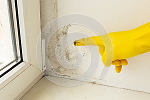 A man in a rubber glove points to the mold. Plastic window and window sill in mold and dirt. Fungus and dampness