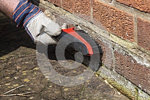 Man rubbing down brick wall with house removing water stain damage